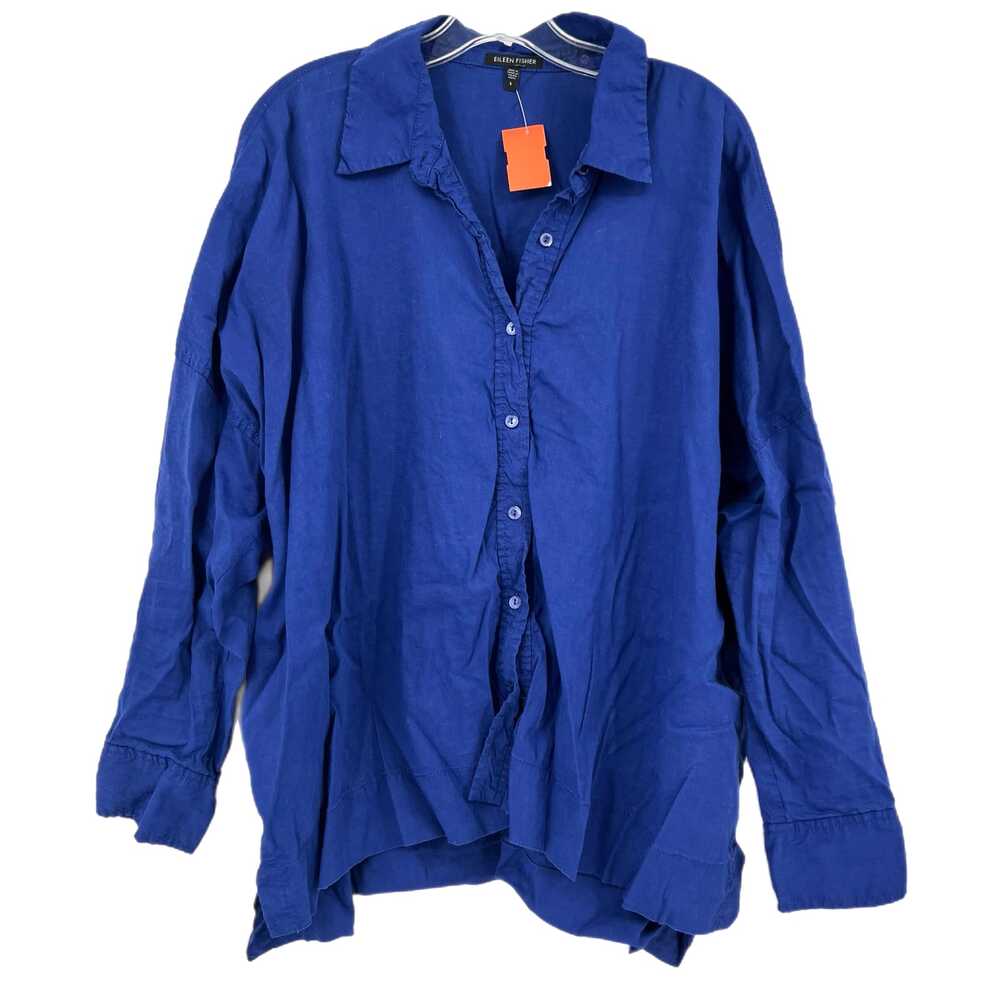 Eileen Fisher Blue Linen-Viscose Long Sleeve Button-Up Shirt | Size L